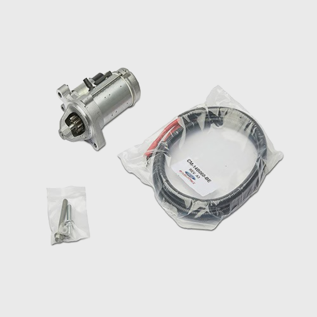 Ford Performance high-torque mini starter for 5.0L Coyote engine and 10R80 transmission, shown in a close-up view.