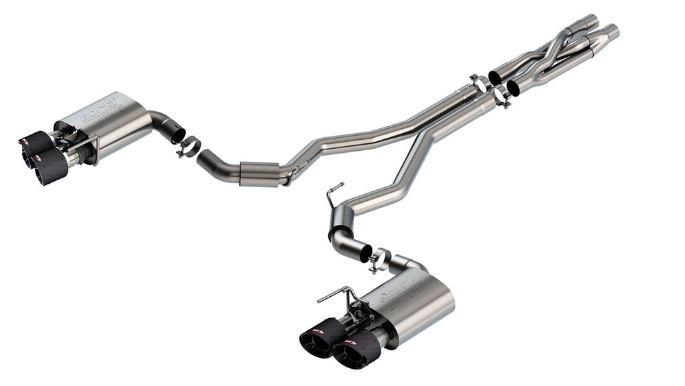 Borla Cat-Back Exhaust System for 2020-2023 Ford Mustang Shelby GT500, featuring sleek metal pipes and dual exhaust tips.