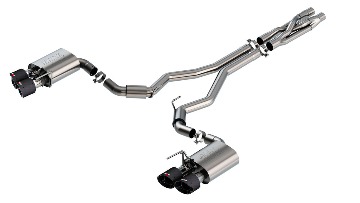 Borla Cat-Back Exhaust System for 2020-2023 Ford Mustang Shelby GT500, featuring sleek metal pipes and dual exhaust tips.