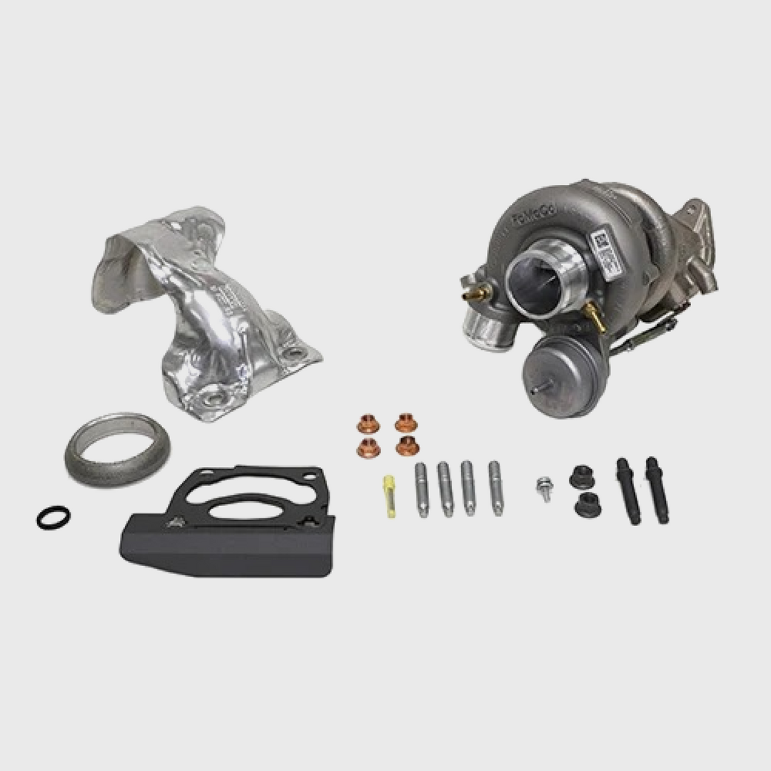 Ford Performance 2.3L EcoBoost Mustang high performance turbocharger showing the turbocharger unit with inlet and outlet connections.