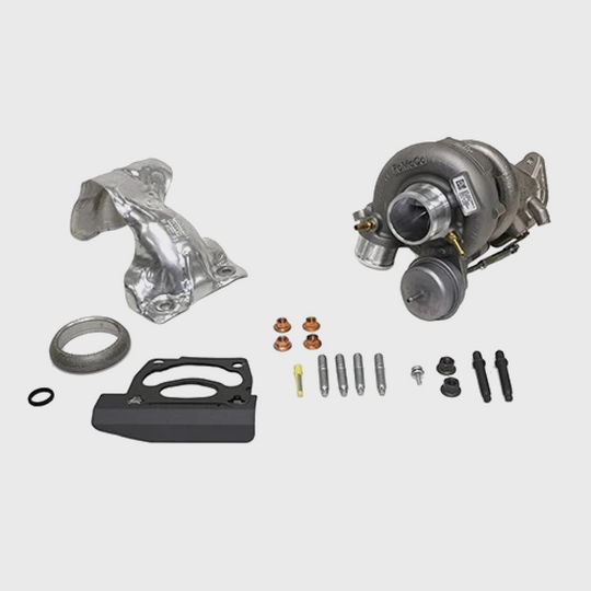 Ford Performance 2.3L EcoBoost Mustang high performance turbocharger showing the turbocharger unit with inlet and outlet connections.