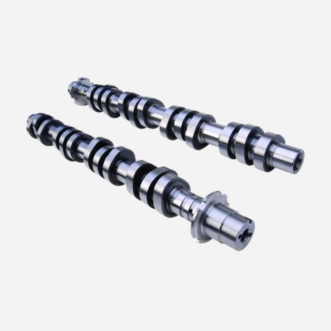 Ford Performance high lift camshaft set for 2005-2010 Mustang GT hot rod engine upgrade, with detailed camshaft images.