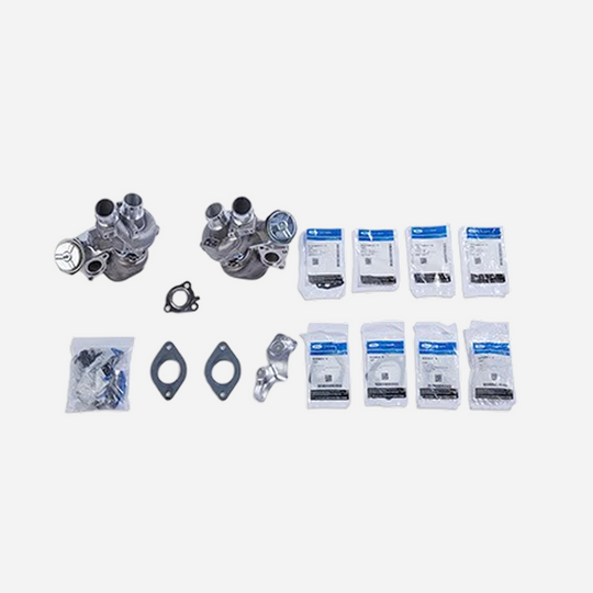 Ford Performance twin turbocharger upgrade kit for 2013-2016 F-150 3.5L EcoBoost engine, includes turbochargers and installation components.