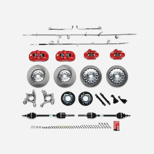 Ford Performance 2015-2023 Mustang GT350R brake kit with high-performance brake calipers and rotors, shown installed on a Mustang.