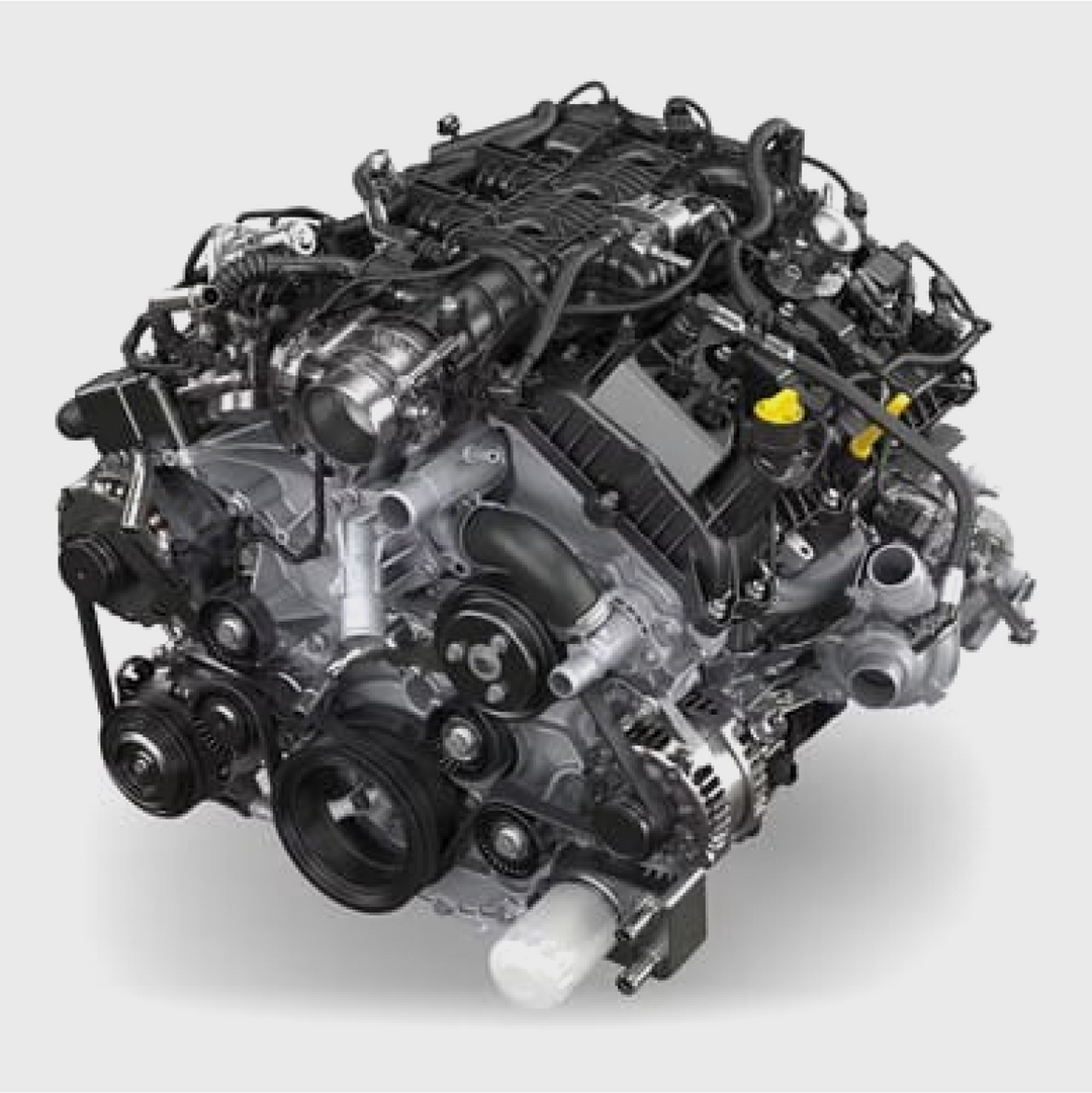 Ford Performance 2024 Raptor 3.5L EcoBoost crate engine with 450 HP, shown with engine block and components.