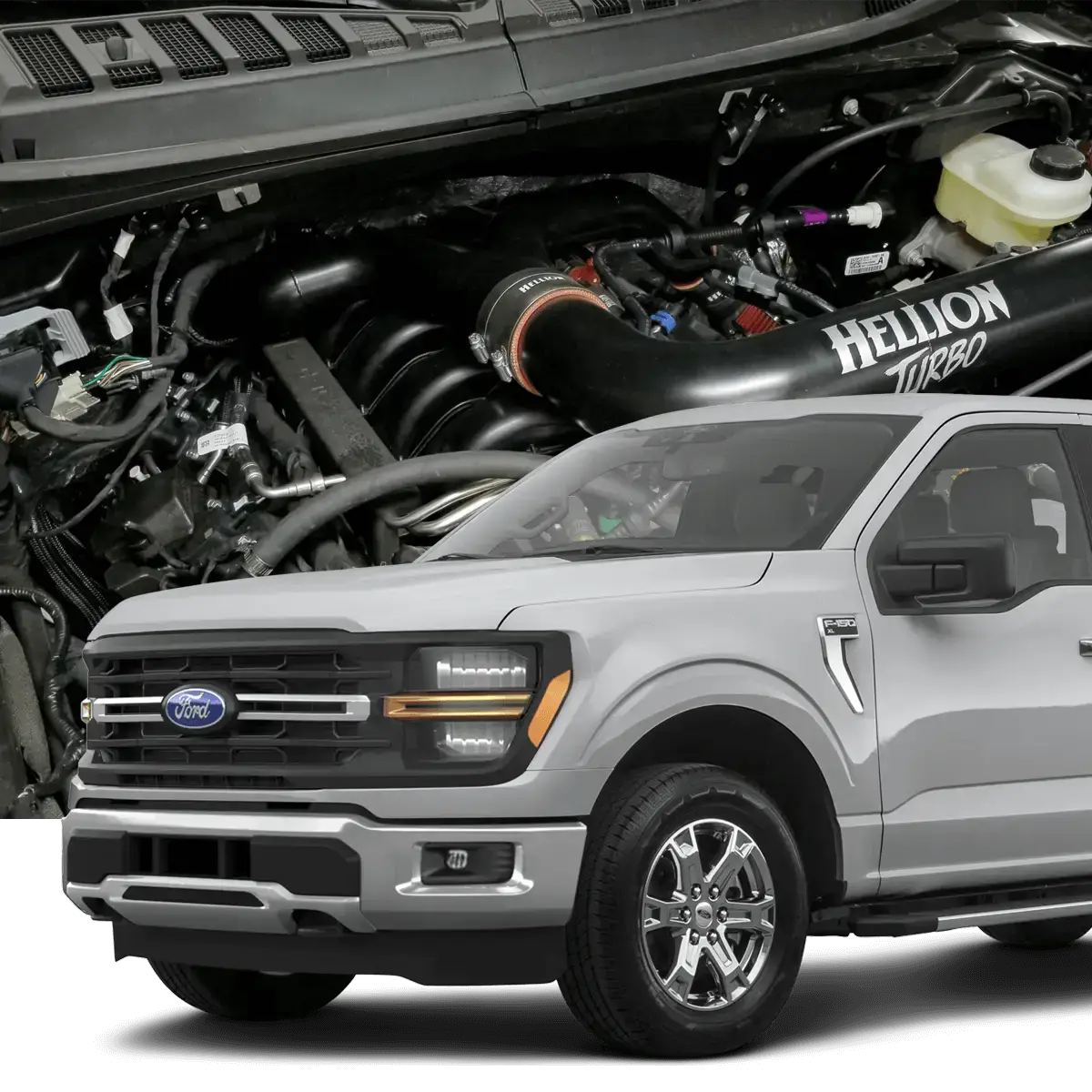Paul's Automotive Engineering Hellion twin turbo system installed on a 2024 Ford F-150 5.0L V8 engine with performance components.