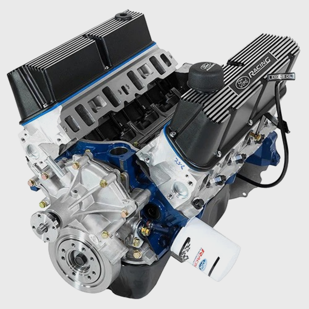 Ford Performance 302 CI 340 HP Boss crate engine with "E" cam, shown with engine components and branding details