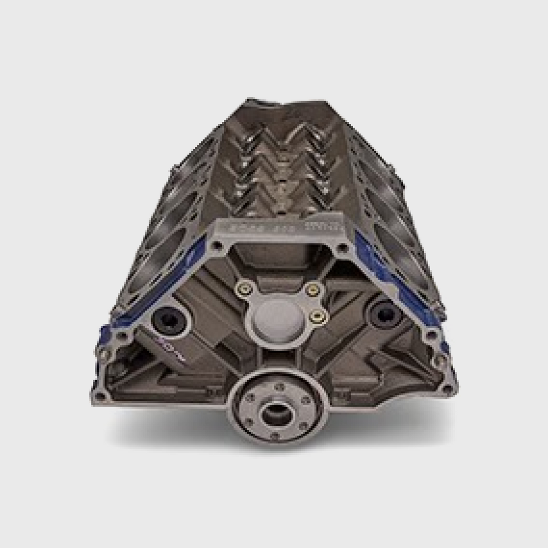 Ford Performance 302 cubic inch short block engine with clean, detailed view of the engine block and cylinder bores.