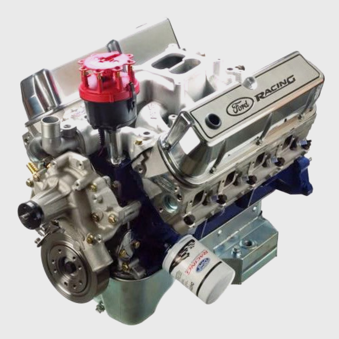 Ford Performance 347CI 350HP crate engine with sealed racing X2 cylinder head, showcasing engine components and racing setup.