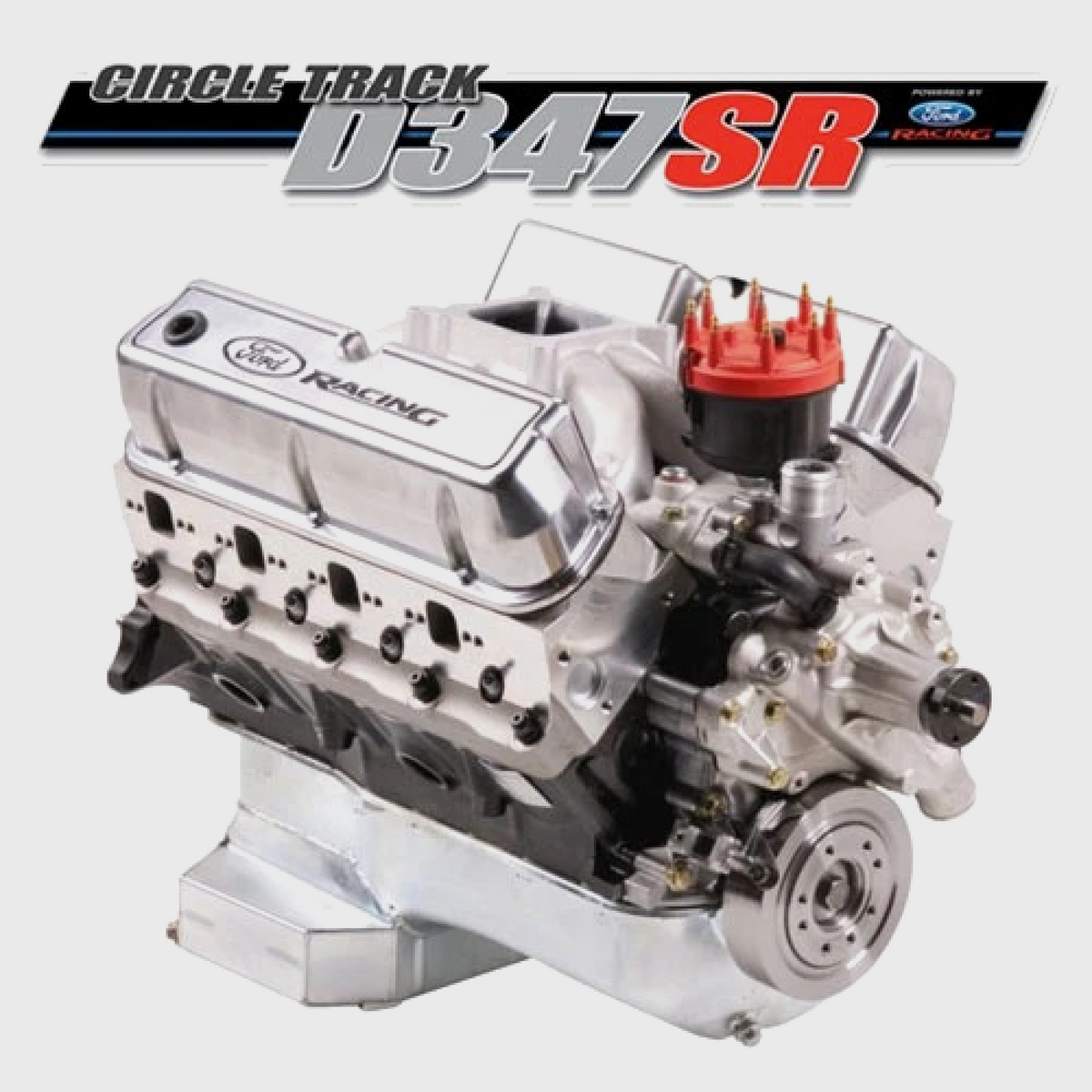 Ford Performance 347 cubic inch, 415 HP sealed racing engine showing engine block with branding and detailed components.