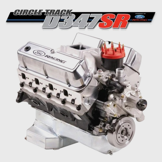 Ford Performance 347 cubic inch, 415 HP sealed racing engine showing engine block with branding and detailed components.