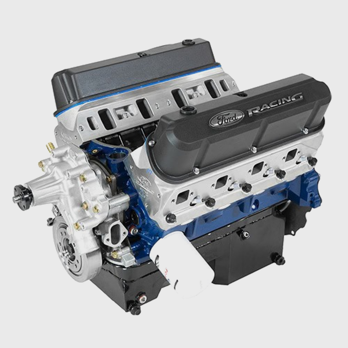 Ford Performance 363 cubic inch 507 HP Boss crate engine with Z2 heads and front sump pan, shown with detailed engine components.