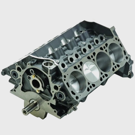 Ford Performance 363 cubic inch Boss short block engine, durable metal engine block with visible cylinders and mounting points.