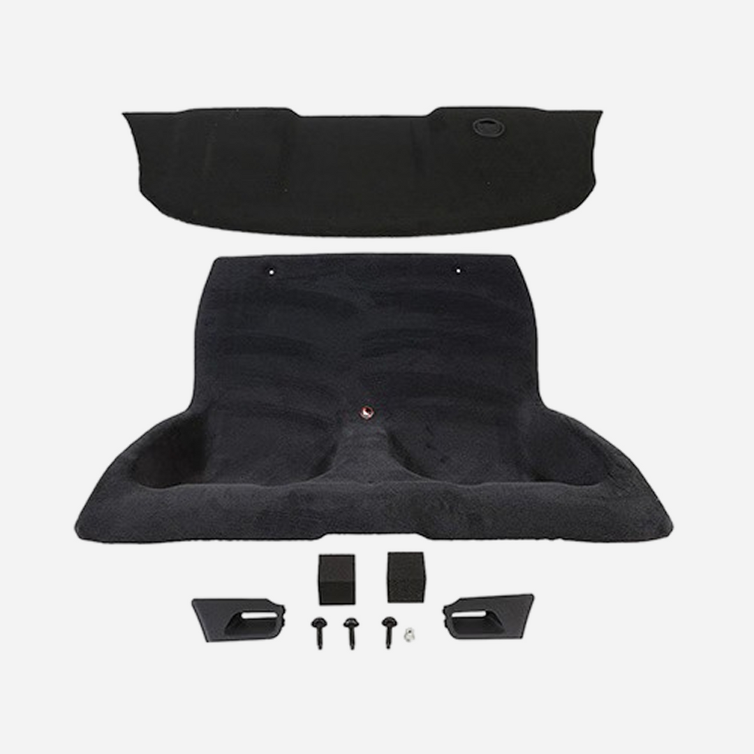 Ford Performance rear seat delete kit for 2018-2020 Mustang, showing the black metal panel designed to remove the rear seats.