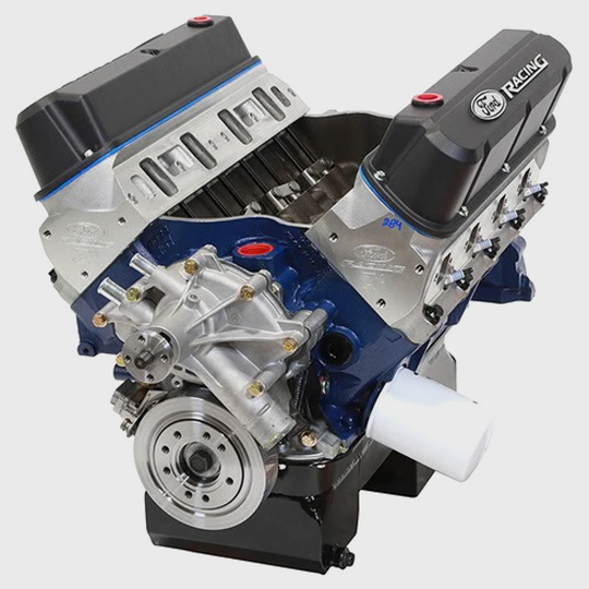Ford Performance 427 cubic inch 535 HP Boss crate engine with Z2 heads and rear sump pan, showcasing engine components.
