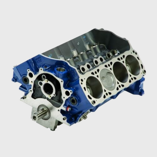 Ford Performance 427 cubic inch Boss short engine block with visible cylinder bores and machining details.