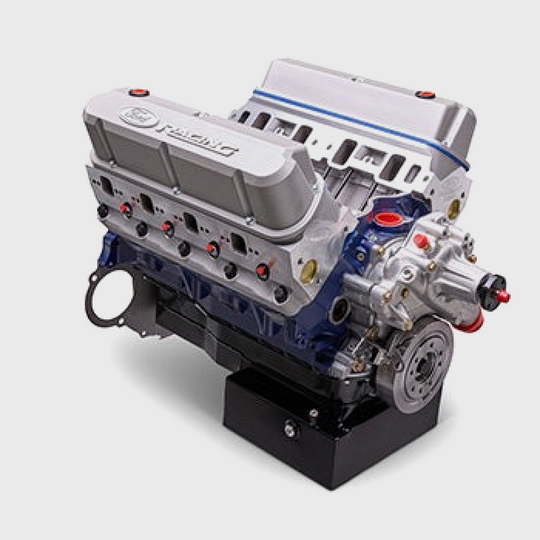 Ford Performance 460 cubic inch 575 HP Boss crate engine with front sump pan, showing engine block and front oil pan.