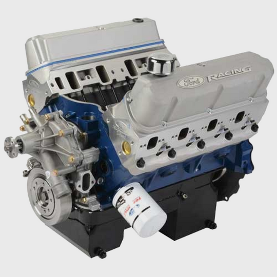 Ford Performance 460 cubic inch 575 HP Boss crate engine with rear sump pan, showing the engine with mounted rear sump pan.