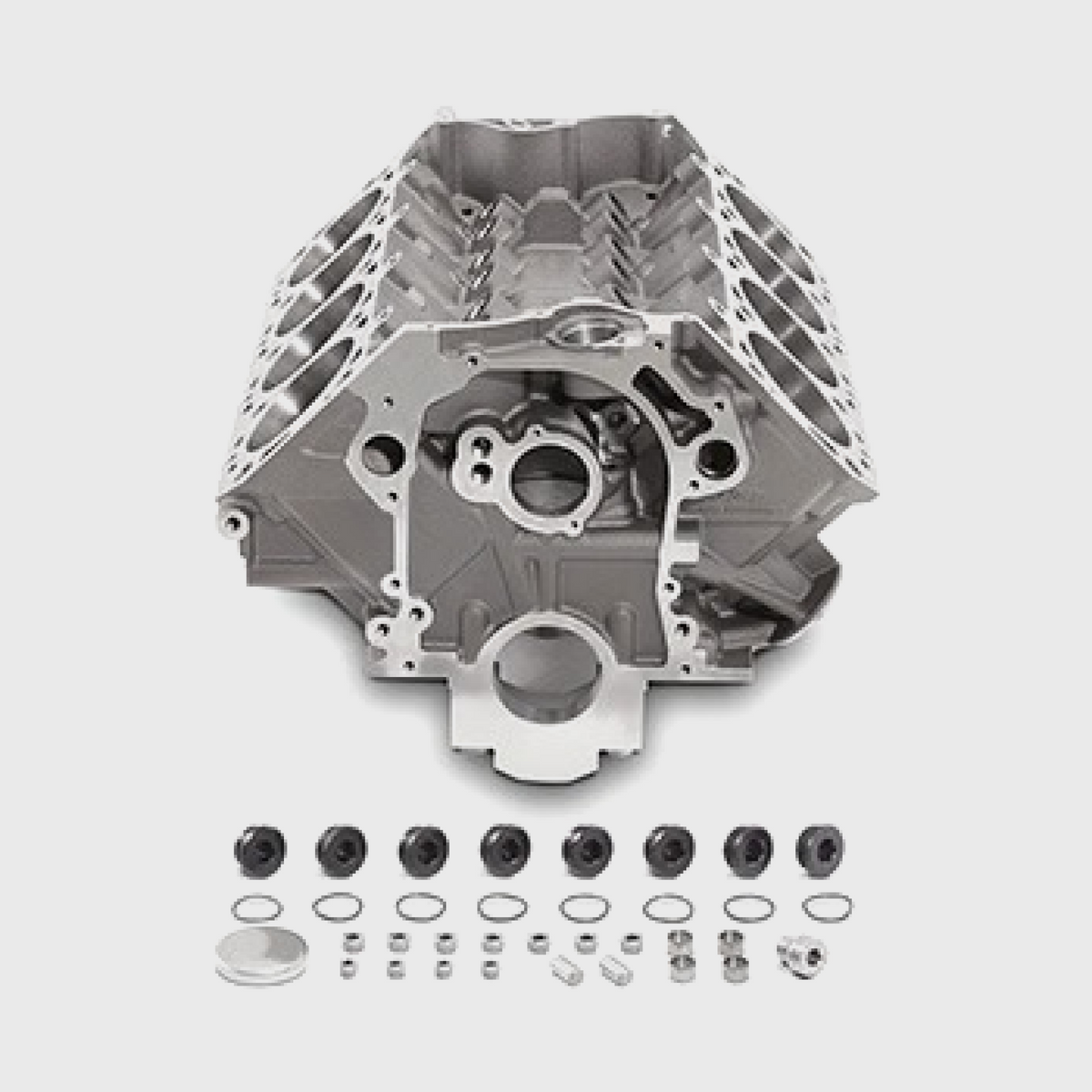 Ford Performance 460 Siamese Big Bore Engine Block showing the cast iron construction with piston chambers and cylinder bores.