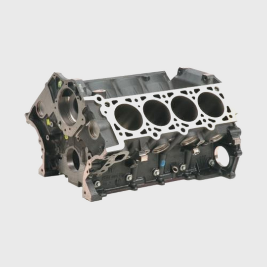 Ford Performance 5.0L cast iron modular Boss engine block, heavy-duty automotive engine component with detailed casting.