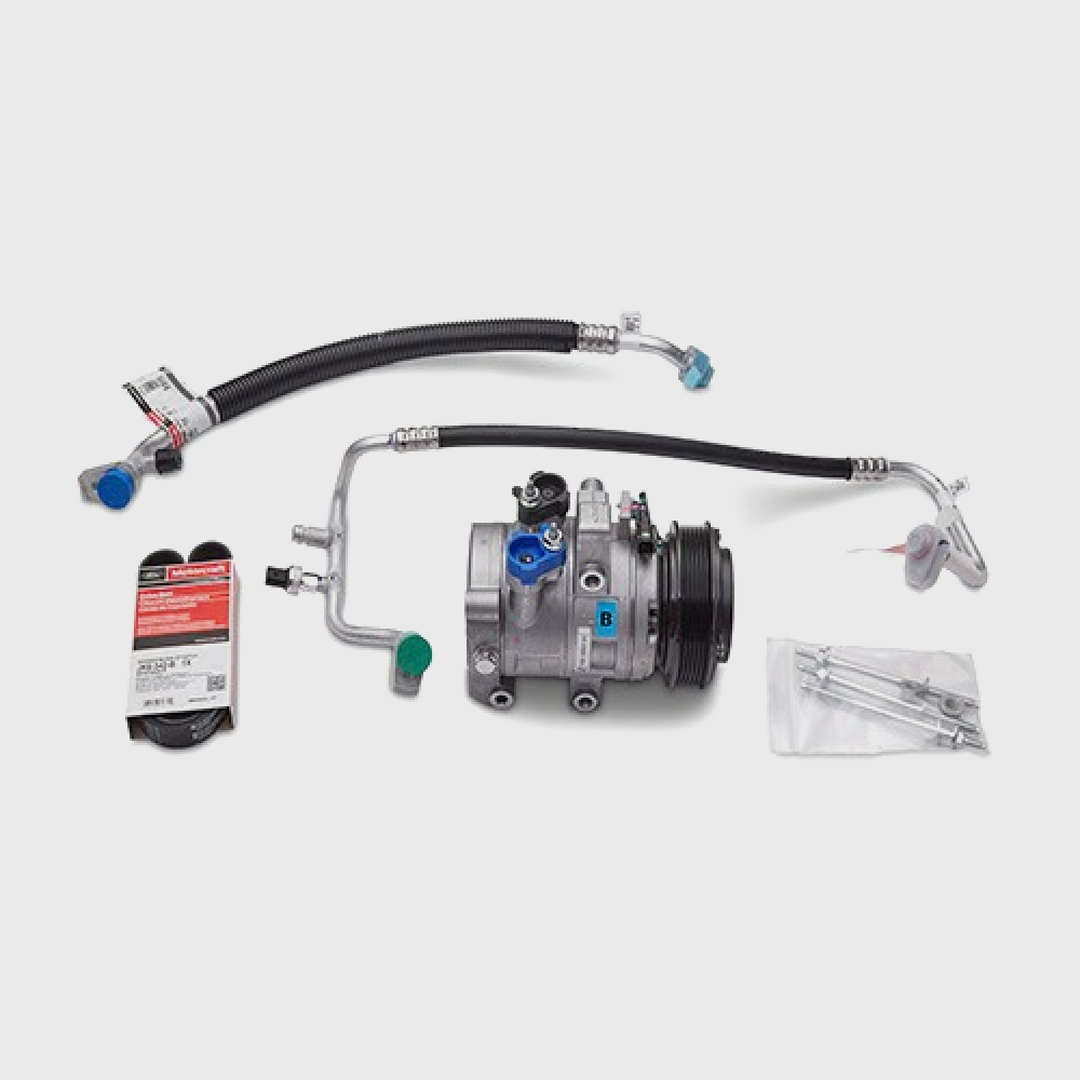 Ford Performance 5.0L Coyote air conditioning kit with compressor and hoses for automotive cooling system.