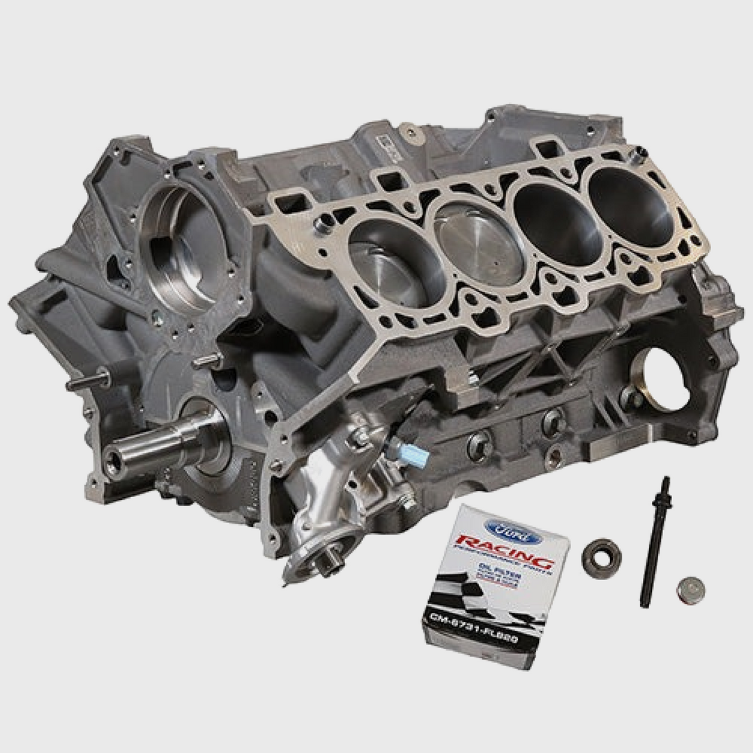 Ford Performance 5.0L Gen 3 Aluminumator SC short block with 9.5:1 compression, shown with engine components and polished aluminum finish.