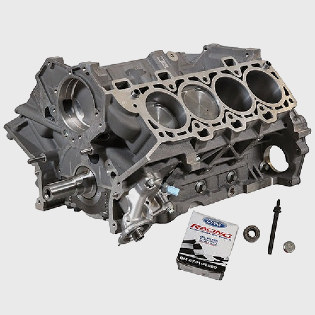 Ford Performance 5.0L Gen 3 Aluminumator SC short block with 9.5:1 compression, shown with engine components and polished aluminum finish.
