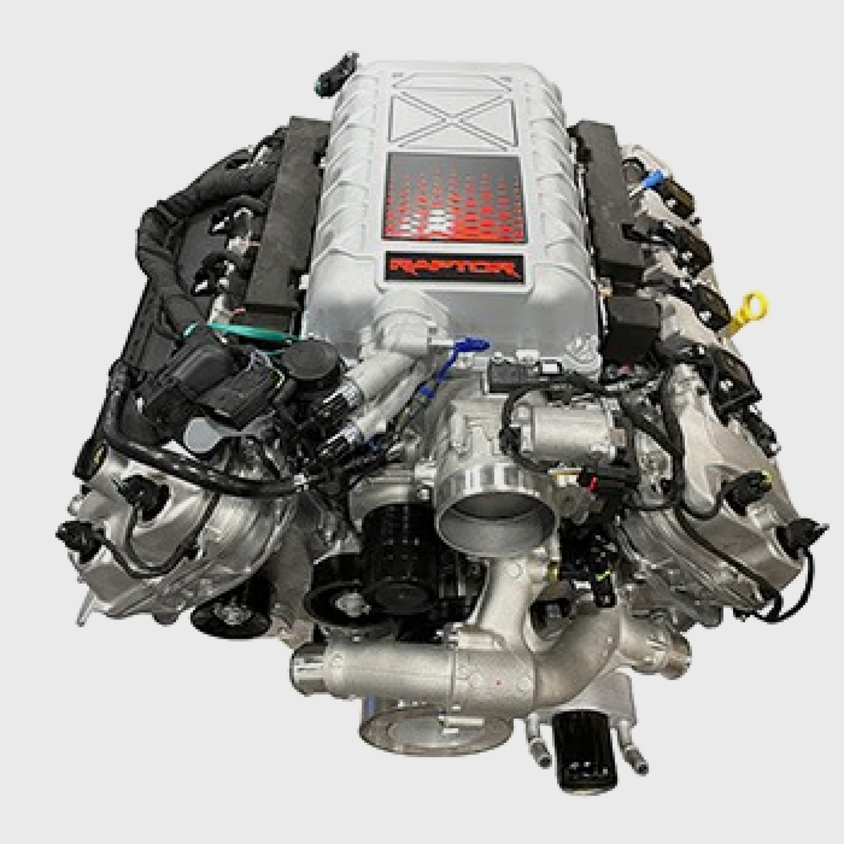 Ford Performance 5.2L Raptor R supercharged crate engine with detailed view of the engine block and supercharger components.