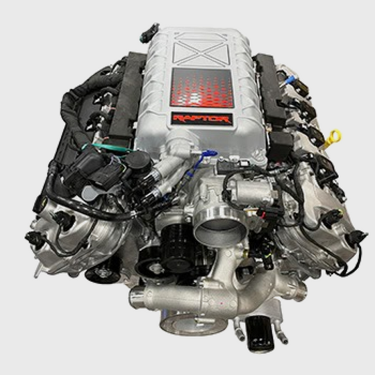 Ford Performance 5.2L Raptor R supercharged crate engine with detailed view of the engine block and supercharger components.