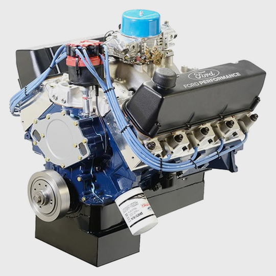Ford Performance 572 cubic inch, 655 HP big block street crate engine with front sump pan, shown from the front angle.