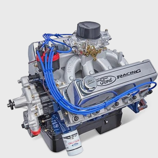 Ford Performance 572 cubic inch 655 HP big block street crate engine with rear sump pan, showcasing the engine in a workshop setting.