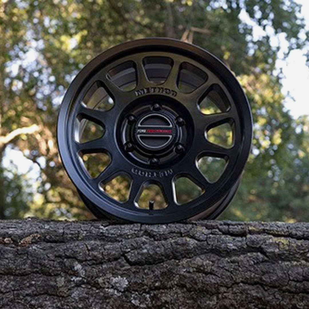 Set of five Ford Performance Bronco 17-inch black Method wheels with center caps, designed for off-road and street use.