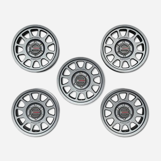Set of five Ford Performance Bronco 17-inch gray Method wheels with center caps for off-road vehicles.