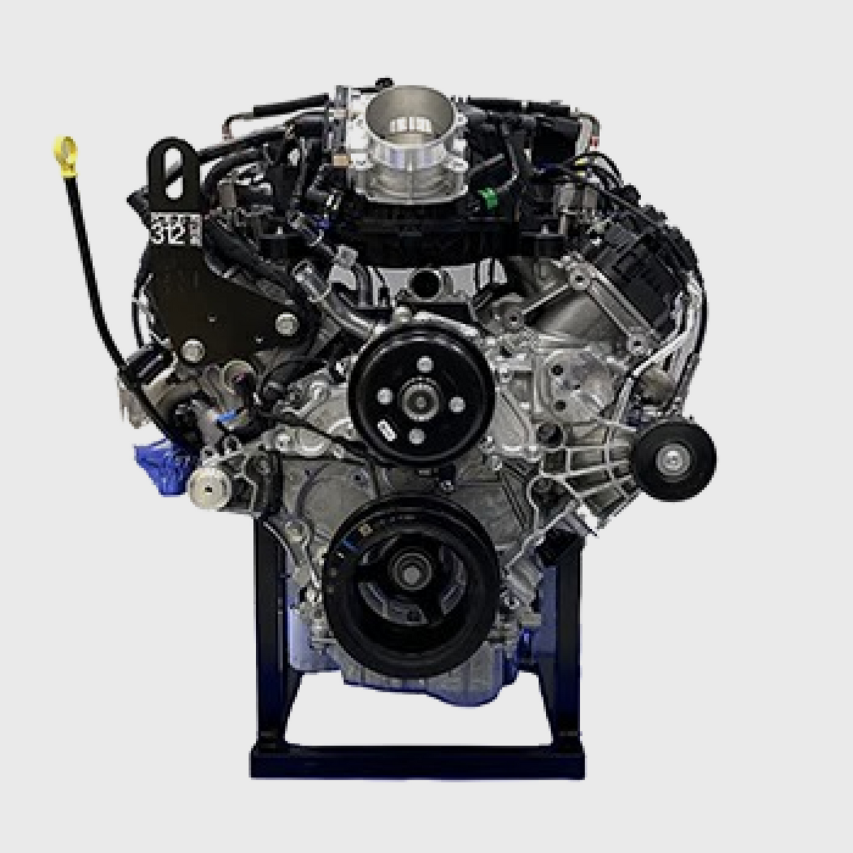 Ford Performance 7.3L 2024 Super Duty crate engine showing the engine block and components for heavy-duty truck performance.