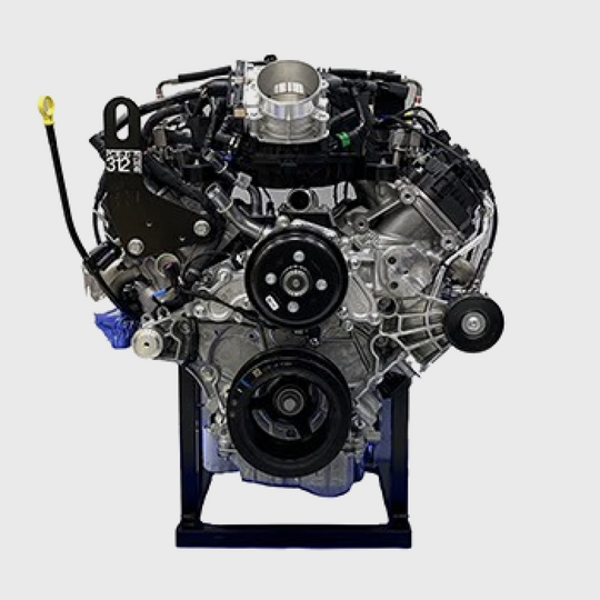 Ford Performance 7.3L 2024 Super Duty crate engine showing the engine block and components for heavy-duty truck performance.