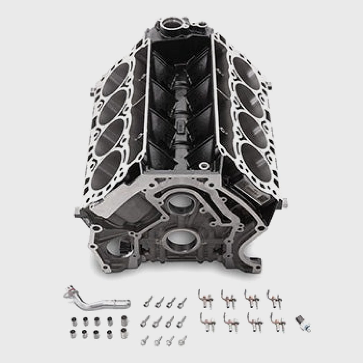 Ford Performance 7.3L gas engine cylinder block with detailed cast iron construction and visible cylinder chambers.