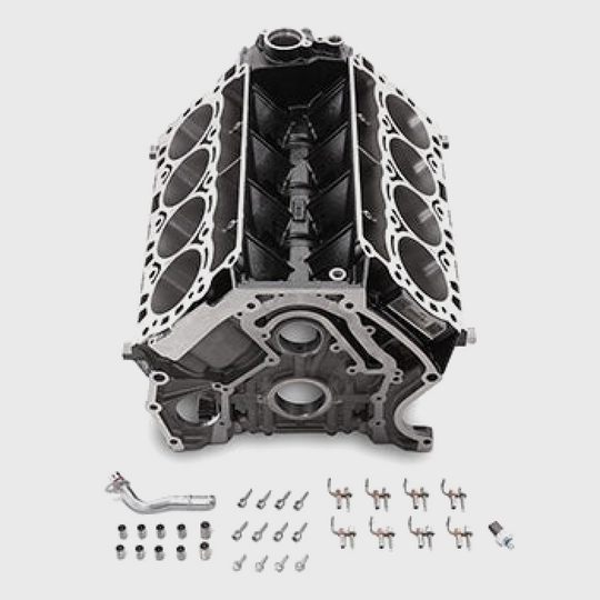 Ford Performance 7.3L gas engine cylinder block with detailed cast iron construction and visible cylinder chambers.