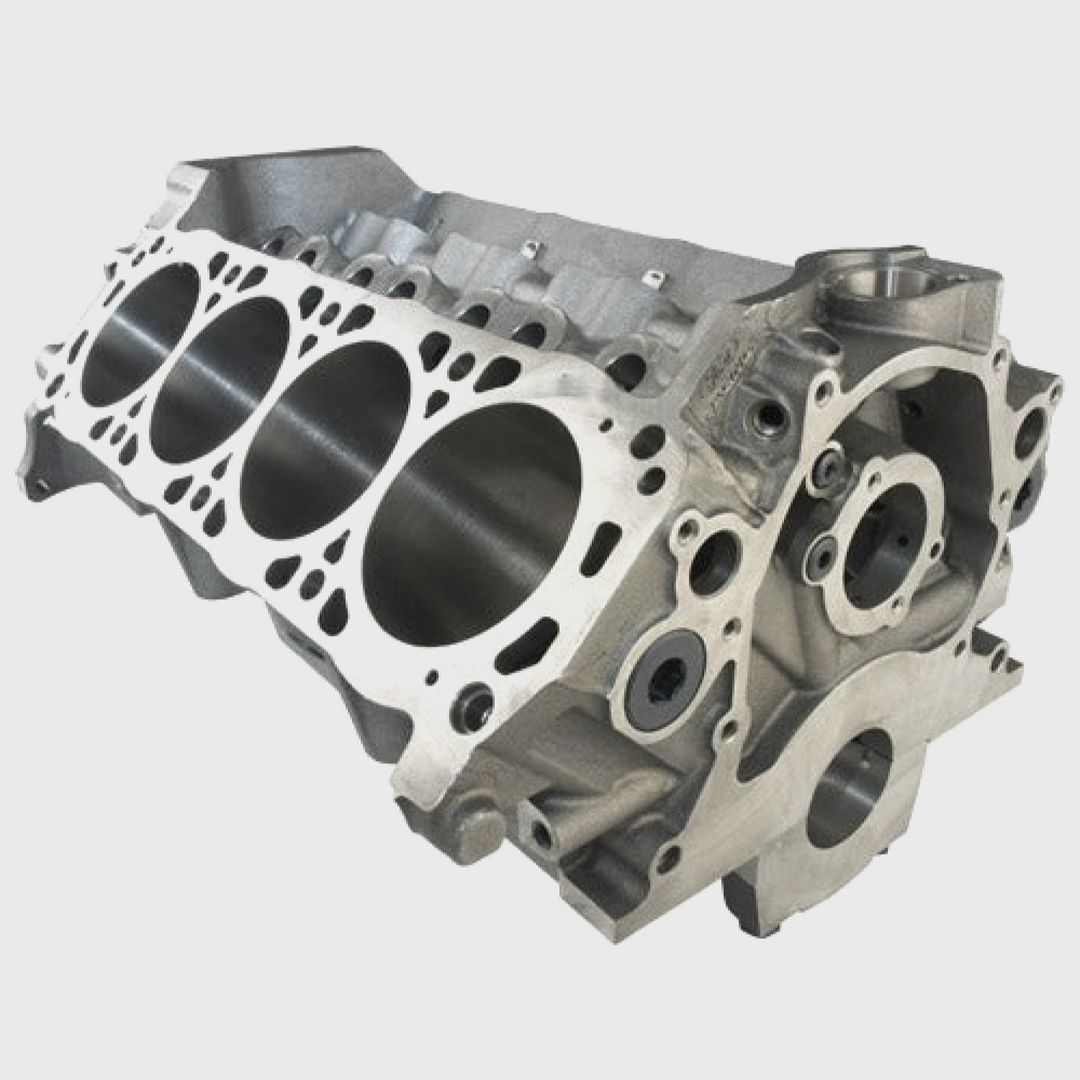 Ford Performance BOSS 302 engine block with big bore design, shown in this detailed image.