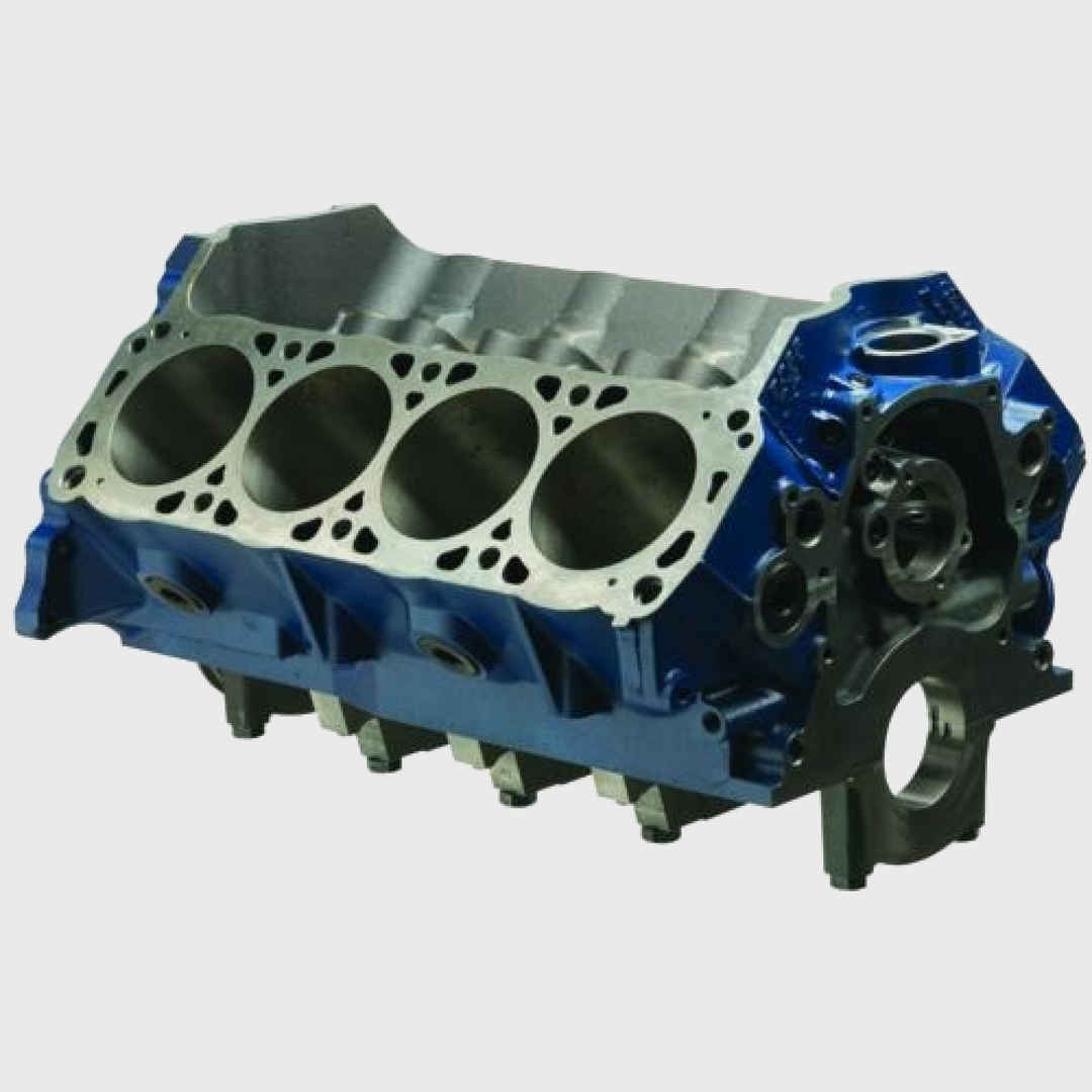 Ford Performance BOSS 351 engine block with 9.2 deck height, showing the cast iron construction and engine mounting points.