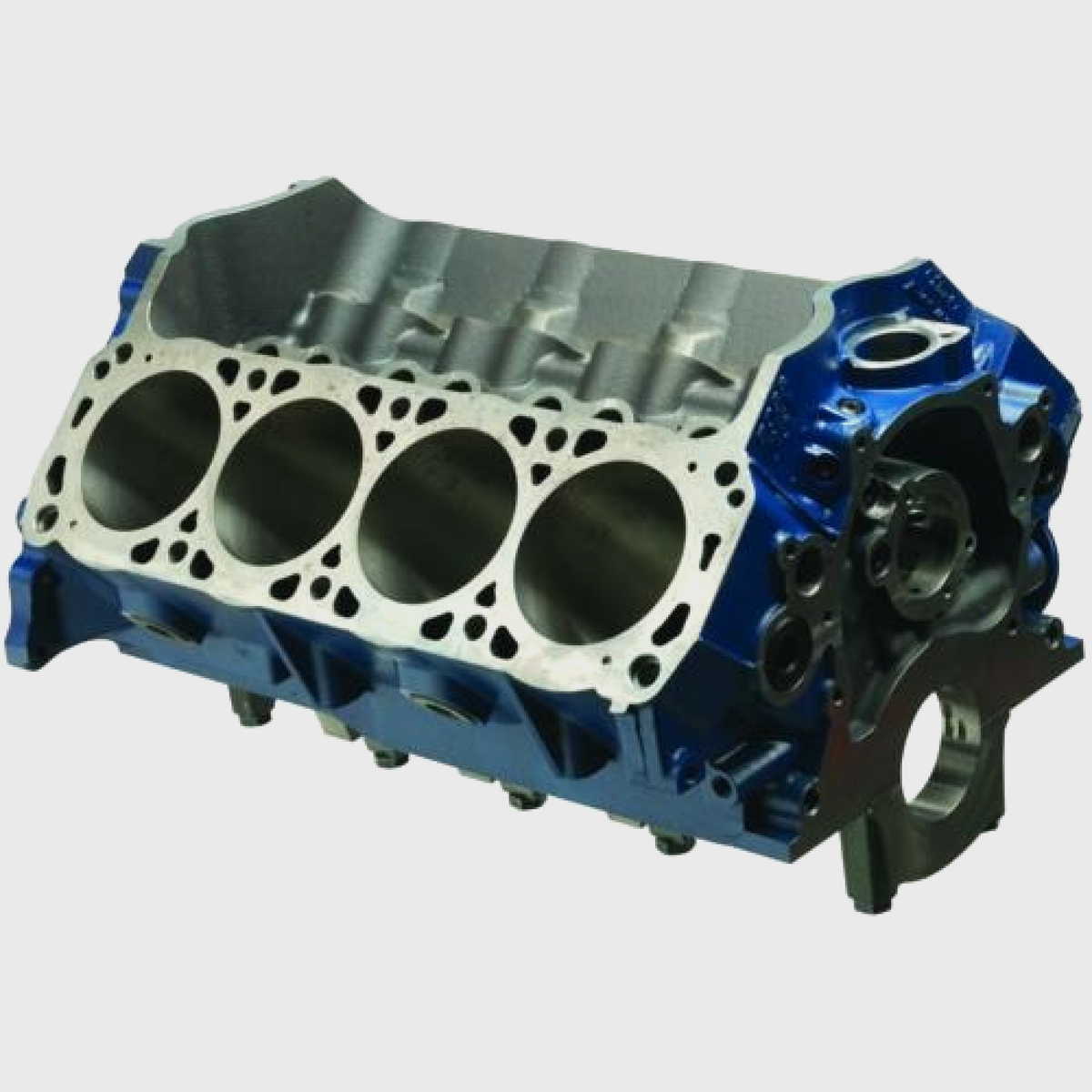 Ford Performance BOSS 351 engine block with 9.5-inch deck and big bore, shown from a side view with detailed casting.