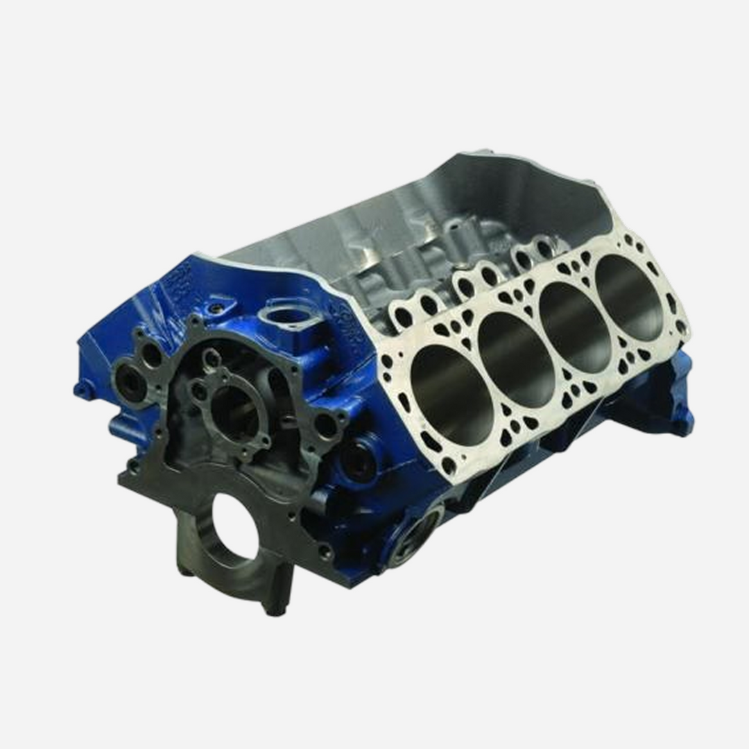 Ford Performance Boss 351 engine block with 9.5-inch deck, showing the cast iron construction and detailed engine mounting surfaces.