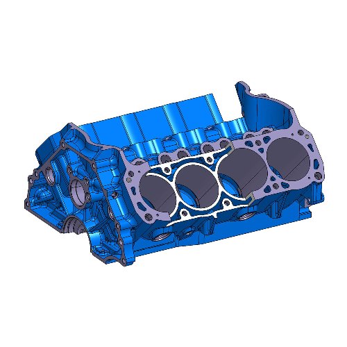 Ford Performance BOSS 302 engine cylinder block with split design, showing the detailed metal construction and machining surfaces.