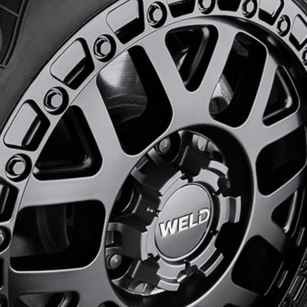 Ford Performance Bronco 17-inch black Weld wheel kit with 8.5-inch width, showcasing sleek, durable alloy wheels for off-road vehicles.