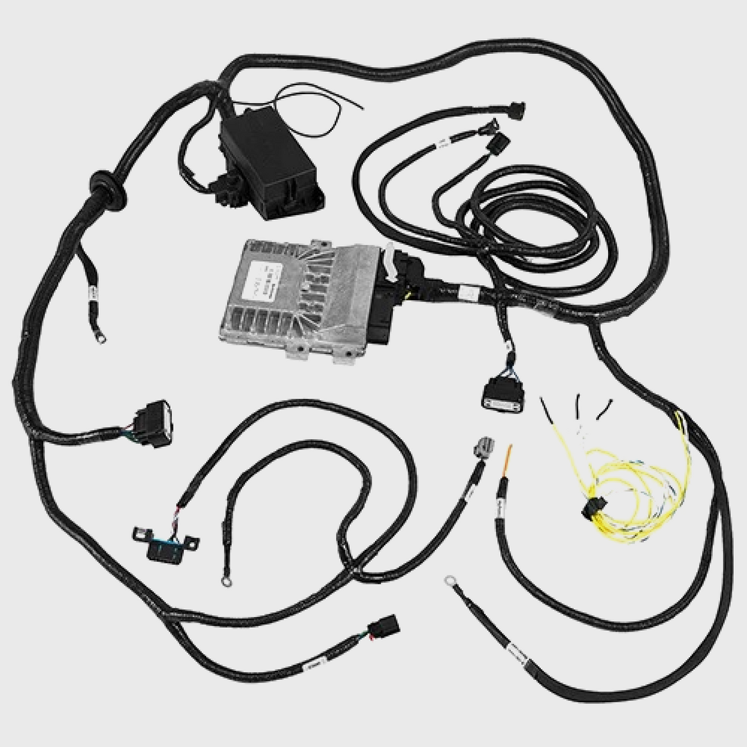 Control Pack for Ford Performance Coyote 5.0L with automatic transmission, includes control modules and wiring for engine management.