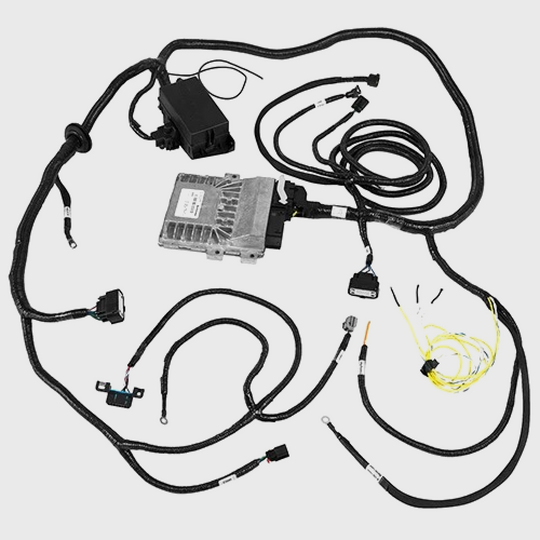 Control Pack for Ford Performance Coyote 5.0L with automatic transmission, includes control modules and wiring for engine management.