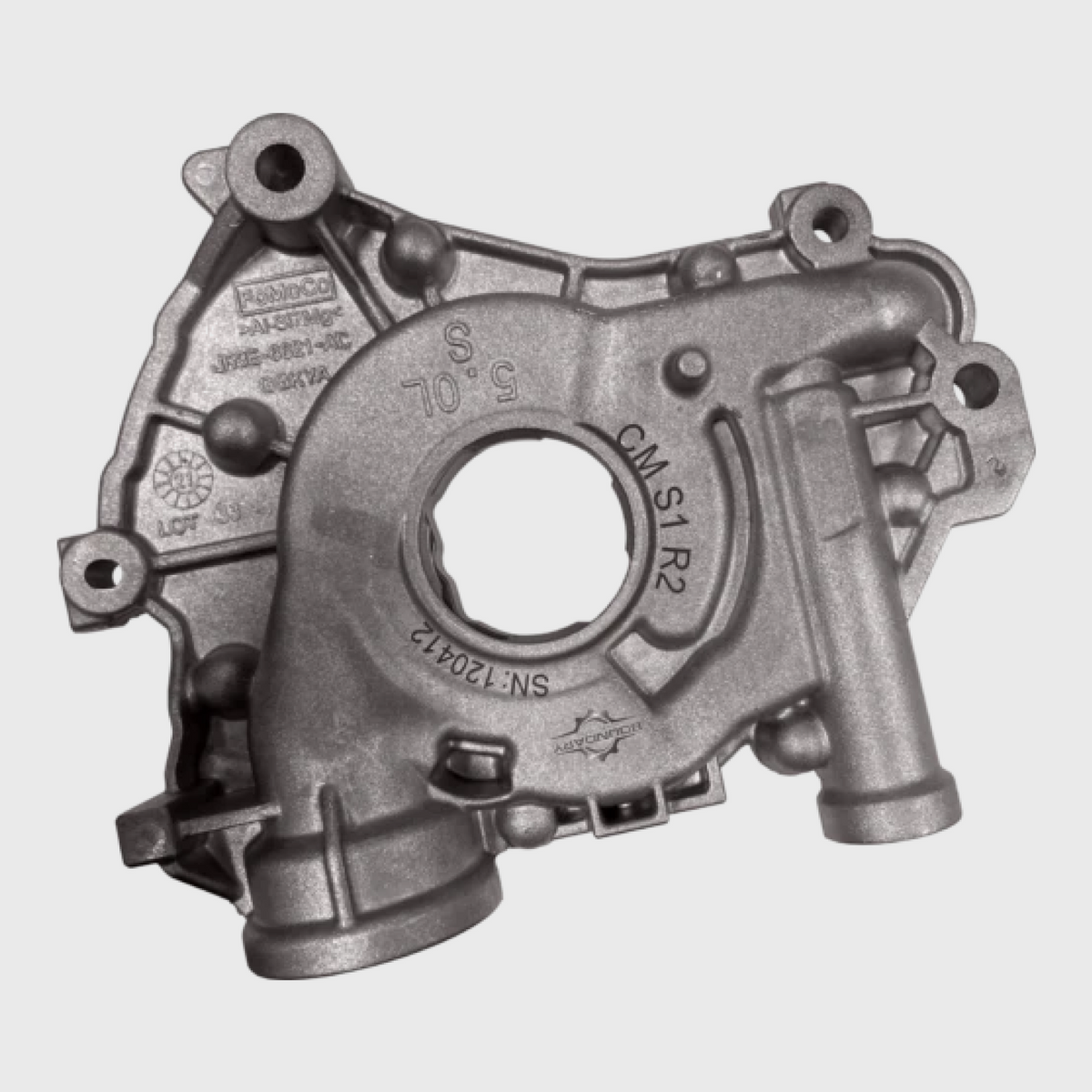 Assembled Boundary Racing Coyote oil pump gear and crank sprocket kit for Ford Coyote engines, showing the oil pump and sprocket components.