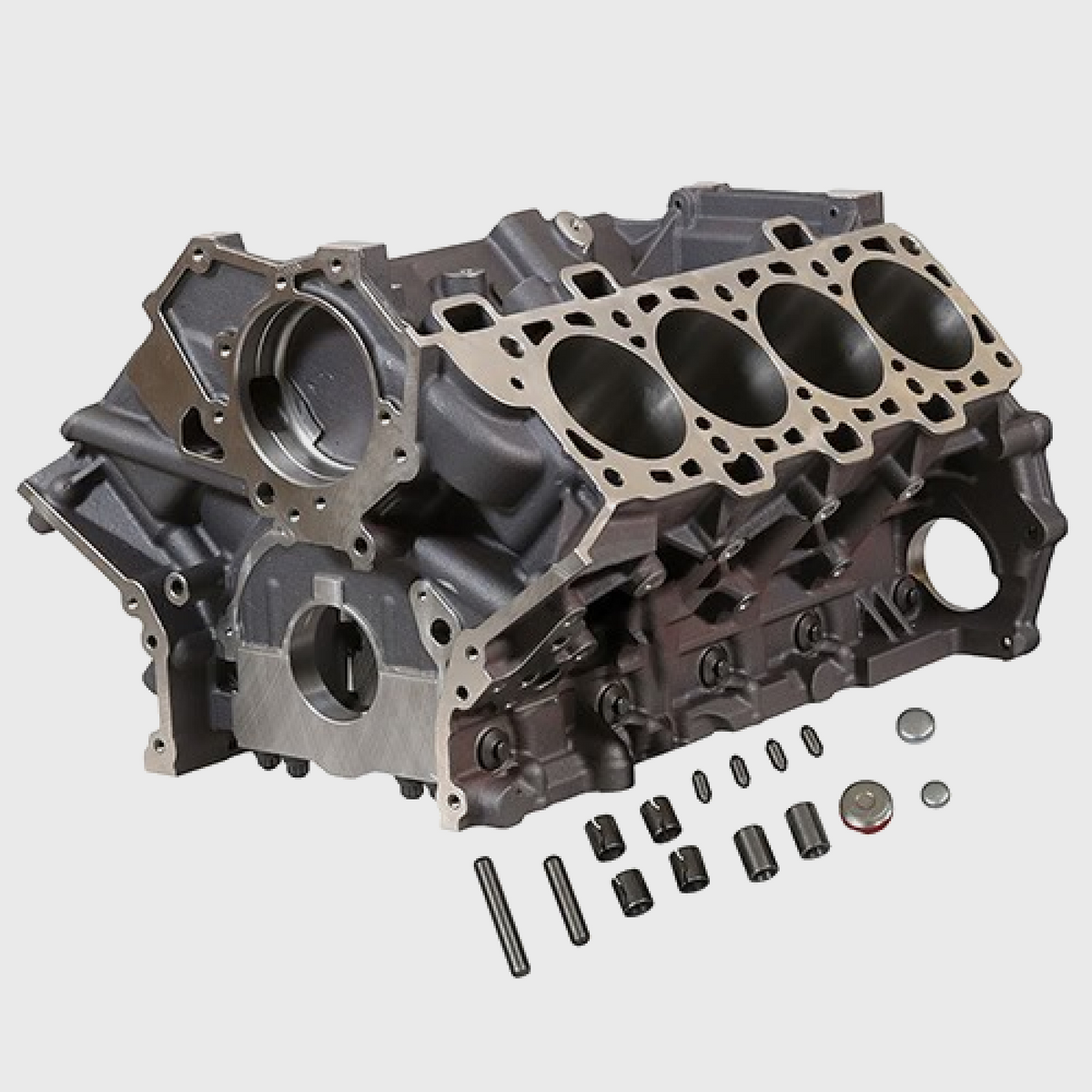 Ford Performance Coyote cast iron engine race block M-6010-M50X with detailed machining and mounting points.