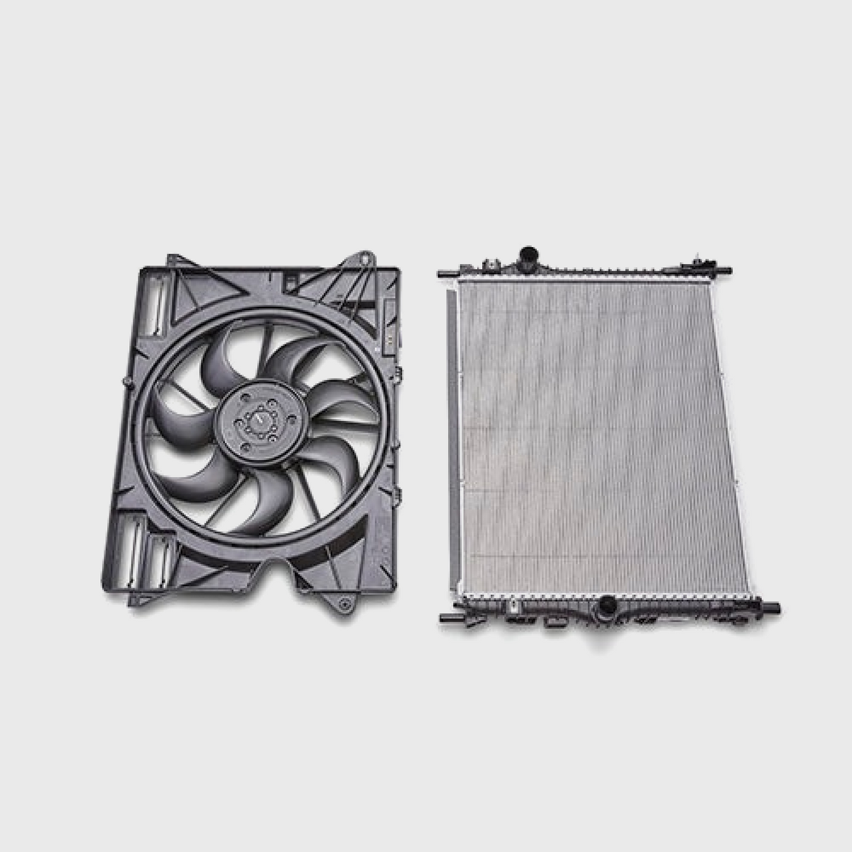 Ford Performance Mustang Dark Horse radiator with fan, showcasing the sleek radiator and attached cooling fan for enhanced engine cooling.