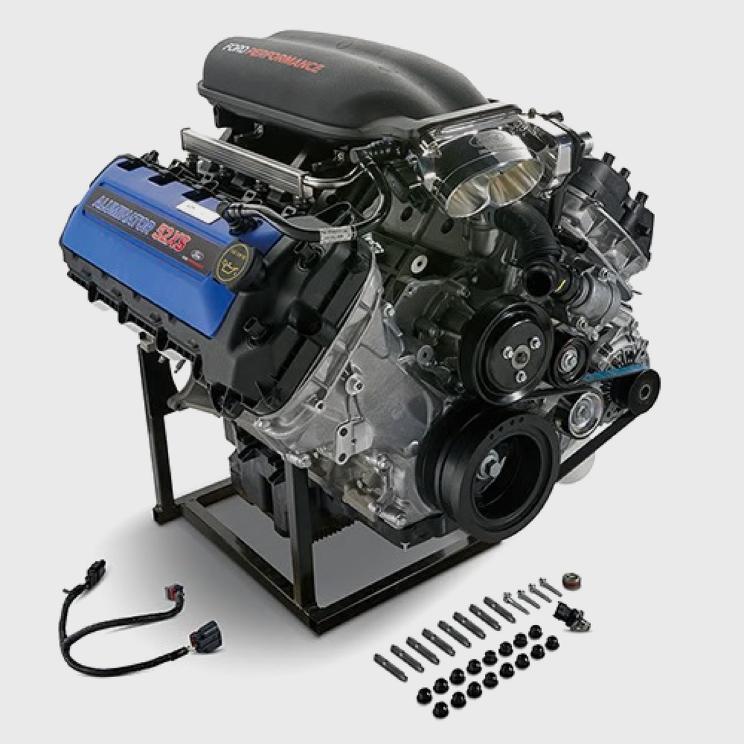 Ford Performance 5.2L Coyote crate engine with XS Aluminator, showing the engine block and components in a detailed view.