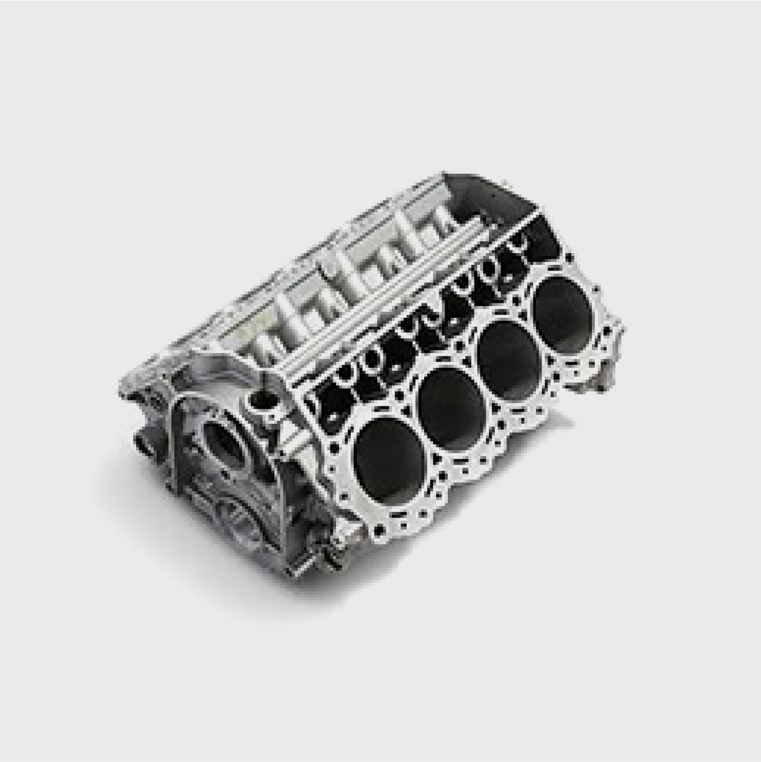 Ford Performance FR9 cylinder block showing a high-performance engine component with detailed metal casting and engine mounting points.